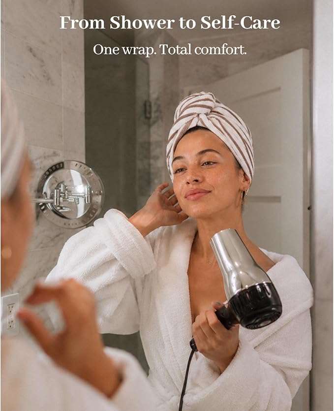 ROLSHOL Cotton Hair Towel Wrap for Women, 2 Pack 100% Cotton Hair Drying Towels for Long, Thick & Curly Hair, 32" x 11" Large Hair Turban for Wet Hair with Elastic Band (Brown)