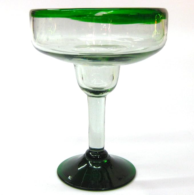 Emerald Green Rim 14 oz Large Margarita Glasses (set of 6), Recycled Glass, Lead-free, Toxin-Free (Margarita)