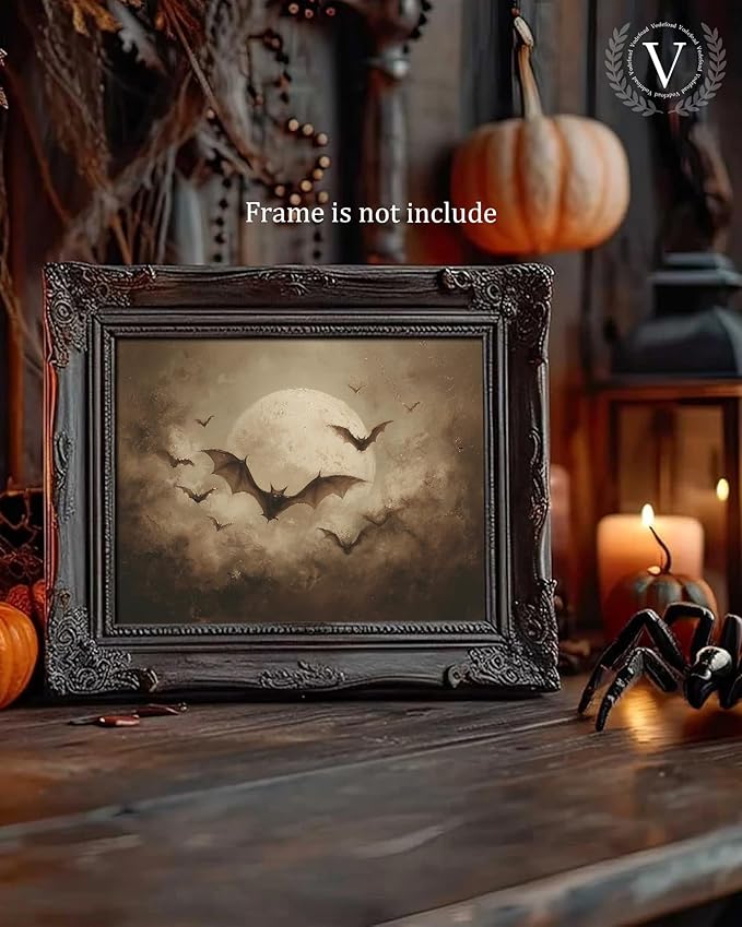 Vodefoad Vintage Halloween Bat Print, Retro Full Moon Gothic Wall Art, Bats Flying in the Dark Night Sky, Eerie Elegance and Classic halloween Mystery,Moody Night Halloweens Wall Decor for Living Room, Bedroom, Bathroom, Holiday Gift - 8x10 Inch Unframed
