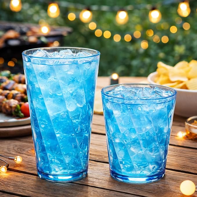 LemonRoad 12 Pack Reusable Plastic Drinking Glasses Set - 20oz & 13.5oz Stackable Tumbler, Shatter-resistant Highball Cups for Water, Cocktail, Iced Coffee, Indoor Outdoor Use, BBQ, Patio, Pool (Blue)