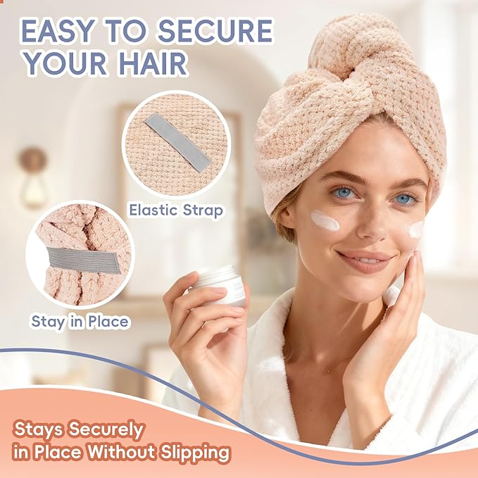 Large Microfiber Hair Towel for Women, Super Soft Absorbent Quick Dry Hair Towels Wrap with Elastic Band, Hair Drying Towels Anti Frizz Hair for Curly Long Wet Hair Care 24''x40'' (Pink)