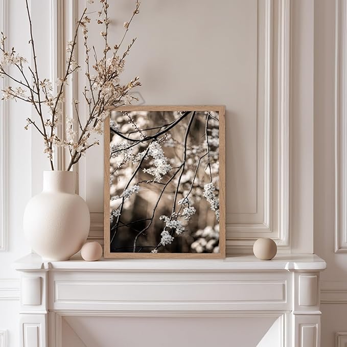 Monem Art Cherry Blossom Branch Photography Print - Moody Botanical Nature Art Poster - Wall Decor for Living Room, Bedroom or Office - 8x10 Beige Framed Wall Art by Mareike Bohmer