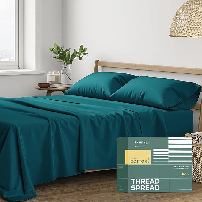 THREAD SPREAD 100% Organic Cotton Sheets California King Size - 4 PC Organic Cotton Cal King Size Percale Weave Sheet Set, Soft, Cooling & Crisp, 16" Deep Pocket Hotel Quality Bedding Set - Teal