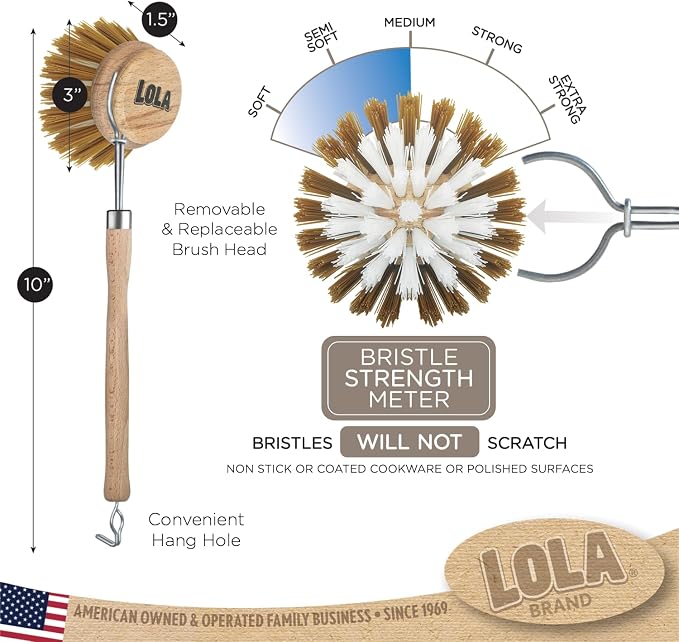 LOLA -The Original - Dishwashing & Vegetable Brush, Hardwood w/Poly Fiber Bristles, Reusable, Sustainable, Has EZ-Grip Handle - 1 Count