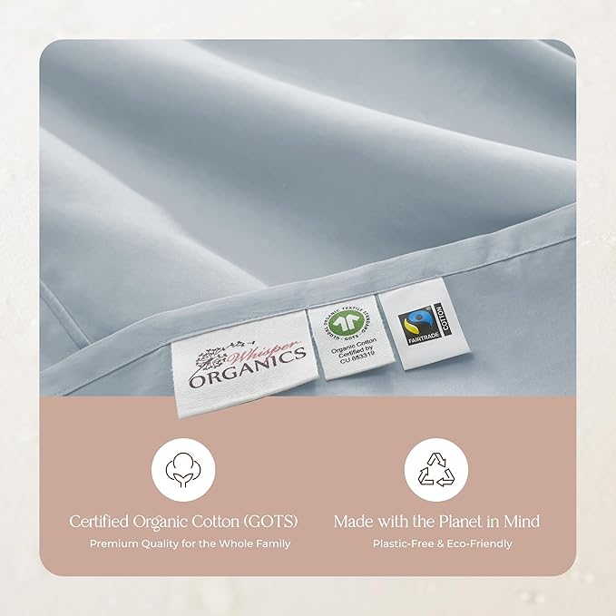 100% Organic Cotton Sheets Twin Size - GOTS Certified Organic Bed Sheets with Deep Pocket 300 Thread Count & Cozy Sateen Weave Gets Softer with Each Wash - Luxury 3 Piece Set (Powder, Twin)