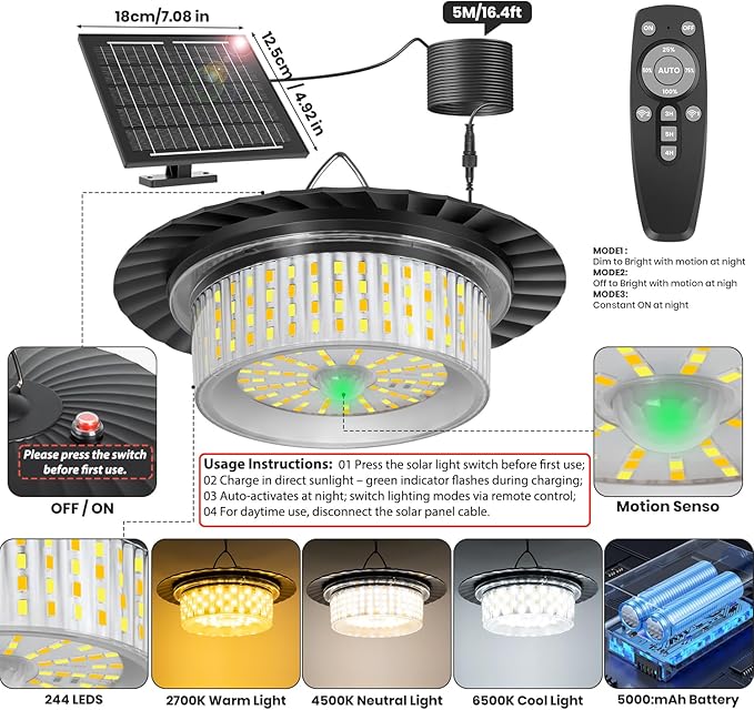 Solar Shed Light Indoor Outdoor, Upgrade Pendant Light 244 LED Three Colors 360° Lighting with Motion Sensor, Waterproof Solar Lights with 3 Modes, Remote & Timer for Shed Gazebo Garage Barn