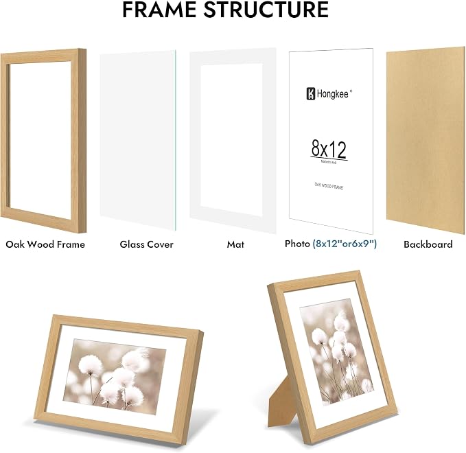 Hongkee 8x12 Oak Wood Picture Frame 1 Pack(Matted 6x9), Real Glass Cover | Natural, 8 x 12 Solid Wood Frame for Wall or Tabletop Display - Includes Easel Back, Vertical Hang - Ideal for Home, Office