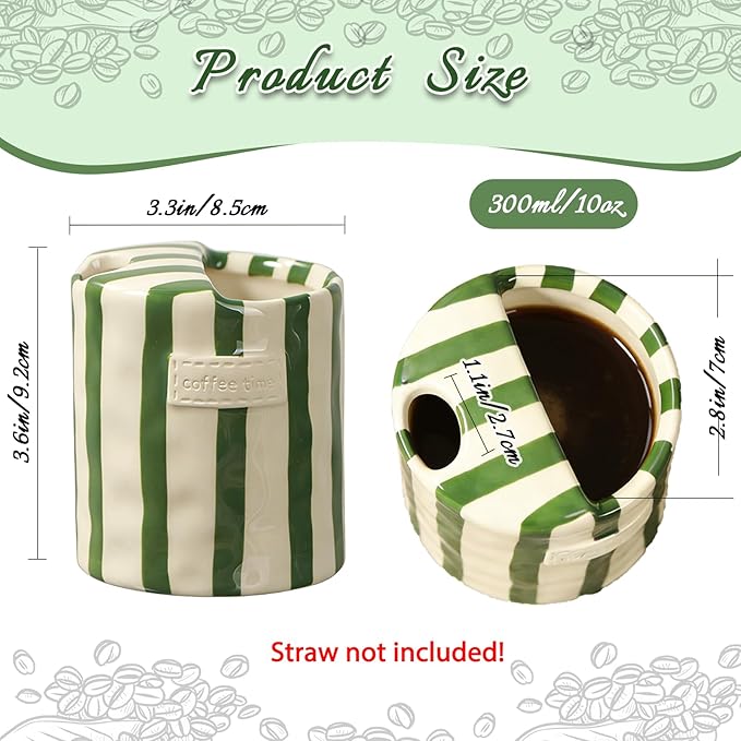Ceramic Travel Mug with Hole, 10oz Hand Painted Striped Coffee Mug, Novelty Ceramic Coffee Cups, Dishwasher, Microwave Safe, Perfect Present for Coffee Lovers (Green)