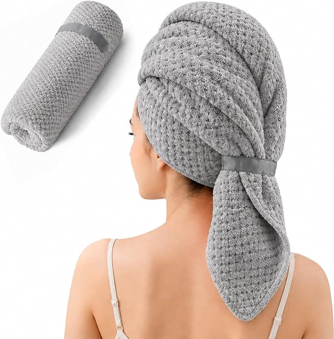 Large Hair Towel Wrap for Women, Quick-Dry Turban, Ultra Absorbent & Anti-Frizz, Ideal for Long, Thick & Curly Hair, Soft Lightweight Microfiber Drying Towel (24x42, Grey)