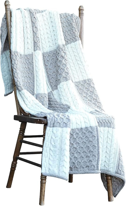 Aran Woollen Mills Patchwork Supersoft Merino Wool Knit Throw Blanket 42" x 66" Cream & TAN