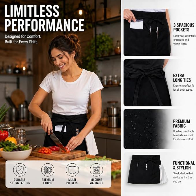 Waist Apron with 3 Pockets Waterdrop Resistant Premium Cotton Waitress Apron 10 Color Option Server Apron Chef Apron (BLACK, PACK OF 1)