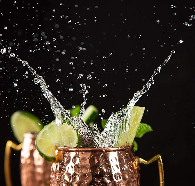 BOLD & DIVINE Copper Plated Moscow Mule Mugs Set of 2 | 18 Oz Hammered Cups with 304 Stainless Steel Lining and Gold Brass Handles | Bonus Copper Straws, Shot Glass & Cleaning Brush
