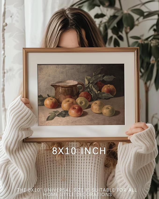 Vintage Gallery Wall Art for Home Decor, Farmhouse Kitchen Canvas Wall Decor Artwork, Antique Rustic Apple Still Life Oil Painting Print Fruit Painting for Bathroom, Living Room, Desktop - 8x10Inch Unframe