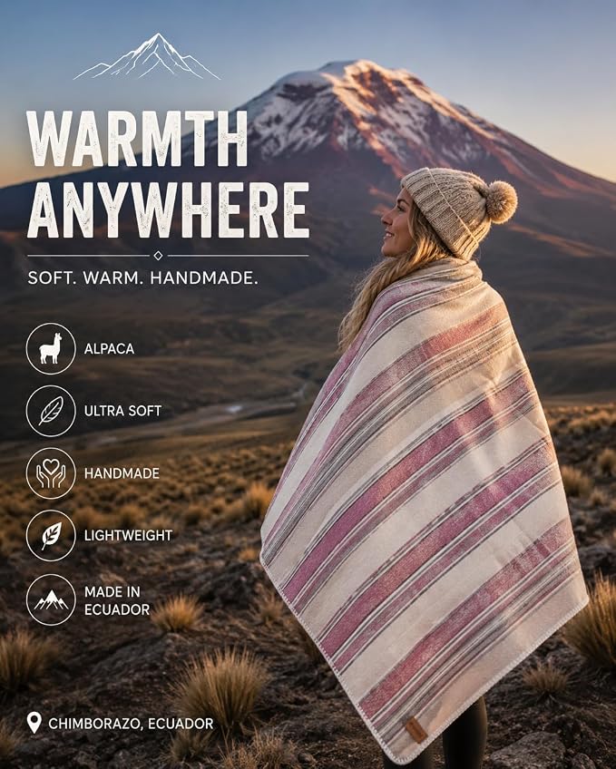 Alpaca Wool Throw Blanket, Rosé Stripes, 65"x48" | Ultra-Soft, Warm & Breathable, Hypoallergenic, Non-Itchy Alpaca Fabric, Lightweight for Couch, Bed & Travel