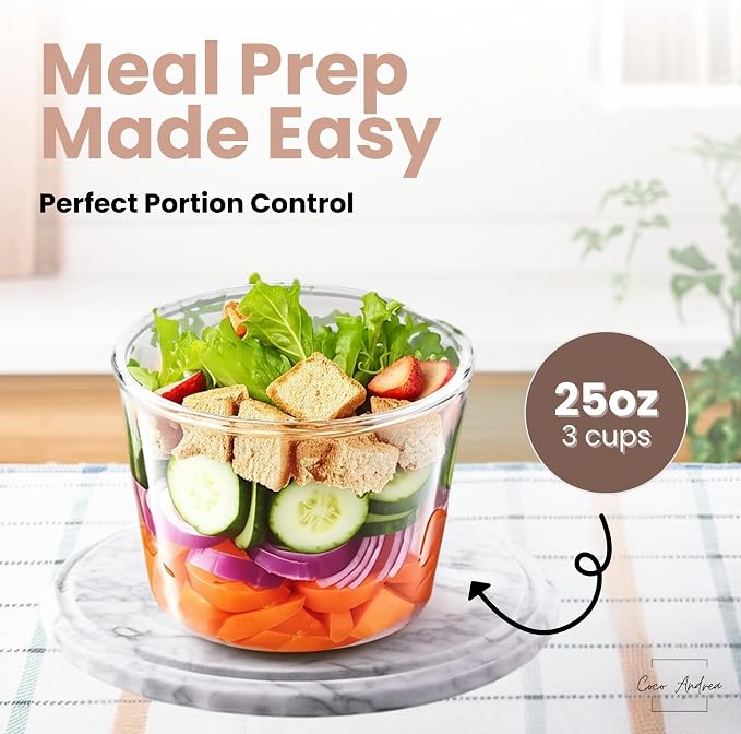 Reusable Round Glass Meal Prep Containers With Lids (4 sets) - 25oz/ 3 Cup Food Storage Containers With Lids - Airtight Microwave Safe Lunch & Soup Containers Glass - Ideal for Meal Prep