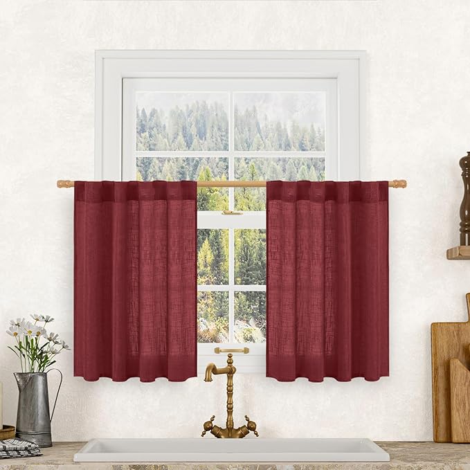 LAMIT Burgundy Red Linen Curtains 30 Inch Length for Cafe, Semi Sheer Light Filtering Panels Back Tab and Rod Pocket Small Window Drapes for Basement, 2 Panels, 34 x 30 Inch
