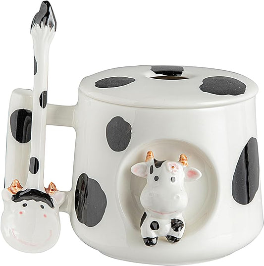 DIHOclub Adorable 3D Ceramic Cow Mug with Lid and Spoon - Perfect for Coffee, Tea, Milk, and More - Ideal Gift for Animal Lovers Gift for Mather- 14 Ounces(BLack white)