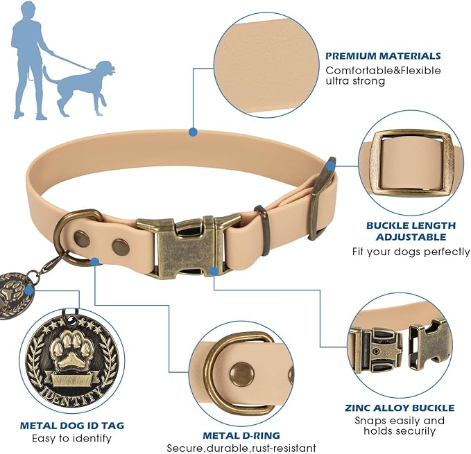 Wisedog Waterproof Dog Collar and Leash Set, M, Sand Color | Adjustable Puppy Collar, Cute Tag, 5FT Leash, Includes Poop Bag, For Small Medium Large Dogs