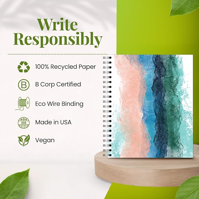 Large Spiral Bound Recycled Notebook, Watercolor Design, 11" x 9", 70 Sheets, Double-Wire, College Ruled, Vegan, Made in USA