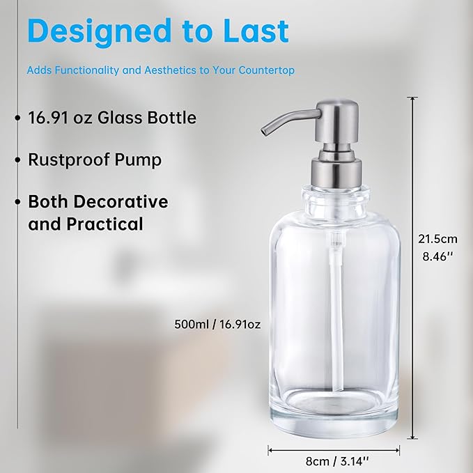 Glass Soap Dispenser Clear with Brushed Nickel Pump, 16.9 OZ Liquid Soap Dispenser Cylindrical with Stainless Steel Pump for Dish Hand Soap Bathroom Kitchen Vanity Countertop