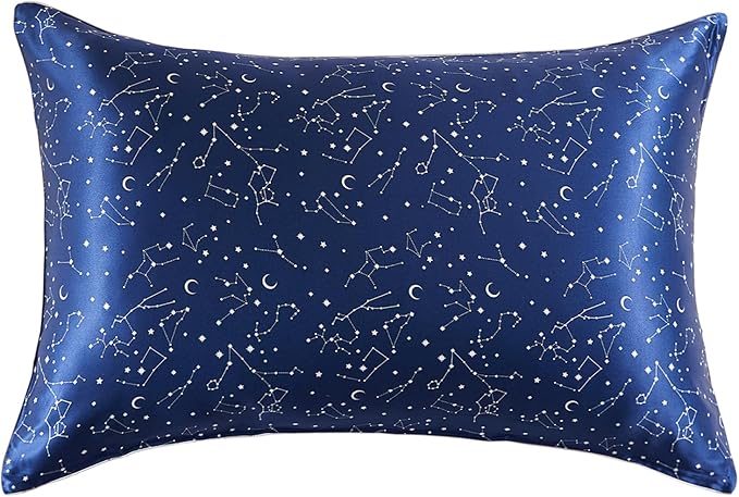 THXSILK Natural Mulberry Silk Pillowcase for Hair and Skin Heath, Grade 6A+ Mulberry Silk Hypoallergenic Pillow Cover with Zipper, 1pc (King 20"x36", Navy Blue Constellation Pattern)