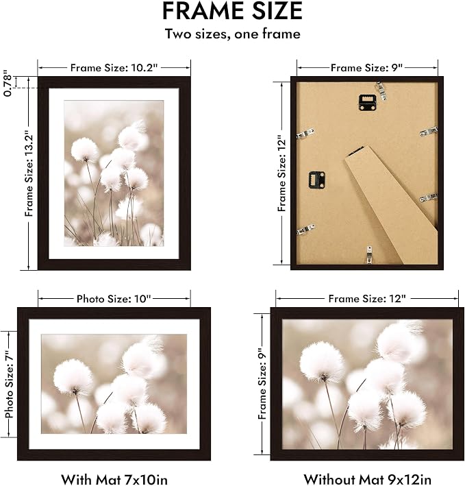 Hongkee 9x12 Oak Wood Picture Frame 1 Pack(Matted 7x10), Real Glass Cover | Black, 9 x 12 Solid Wood Frame for Wall or Tabletop Display - Includes Easel Back, Vertical Hang - Ideal for Home, Office
