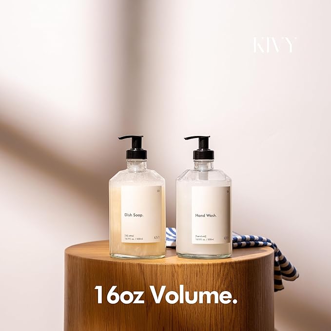 KIVY Glass Soap Dispenser Set [INCL. Waterproof Labels] - Glass Soap Dispenser with Pump - Hand Soap and Dish Soap Set - for Kitchen, Shower & Bathroom - Refillable (Matte Black)