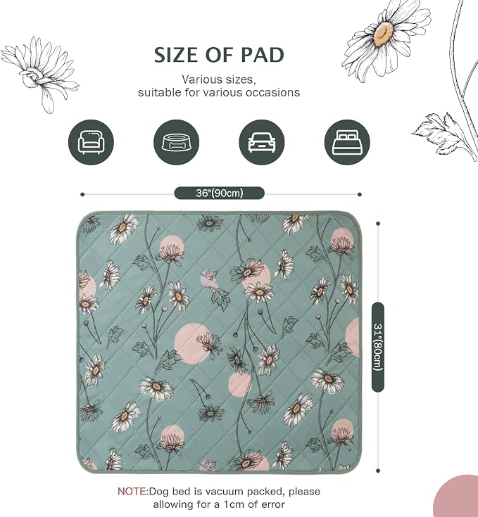 IEUUMLER Washable Pee Pads for Dogs, 2 Pack Non-Slip & Waterproof Pack Whelping Pad, Reusable Washable Puppy Potty Training Pad with Fast Absorbent for Playpen EU007 (Green Daisy, 31"X36"-2pcs)