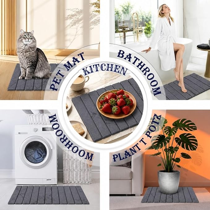Stone Drying Mat for Kitchen Counter, 24"(L)×16"(W), Diatomaceous Earth Dish Drying Mat for Kitchen Counter, Quick Dry Stone Dishes Mats, Foldable Quick Dry Mats for kitchen, Bathroom, Dark Gray