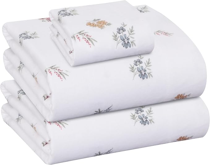 RUVANTI Flannel Sheets Twin XL Size - GOTS Certified 100% Organic Cotton, 3 Piece Warm, Soft & Breathable Set, Deep Pocket Snug Fit, Double Brushed Cozy All Season Bedding, Floral