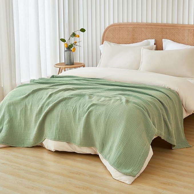 EMME Cotton Summer Throw Blanket for Couch Soft Muslin Blankets 50"x60" Lightweight Breathable All Season Gauze, Sage Green