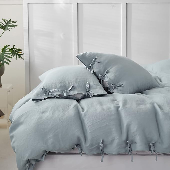 Simple&Opulence 100% Linen Duvet Cover Set 3pcs with Bowknot Ties Closure Natural French Washed Flax Solid Color Soft Breathable Farmhouse Bedding - Dusty Blue, King Size