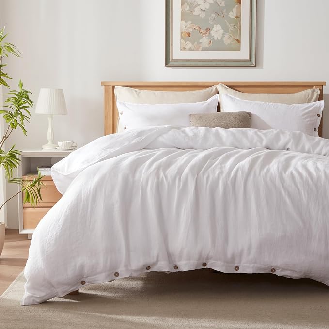 TOSMO 100% Linen Duvet Cover Set with Button Closure, 2 Pieces (1 Duvet Cover with 1 Pillowcase), Soft Breathable Durable Farmhouse Bedding - Twin, White