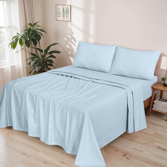RUVANTI Flannel Sheets Full Size - GOTS Certified 100% Organic Cotton, 4 Piece Warm, Soft & Breathable Set, Deep Pocket Snug Fit, Double Brushed Cozy All Season Bedding, Baby Blue