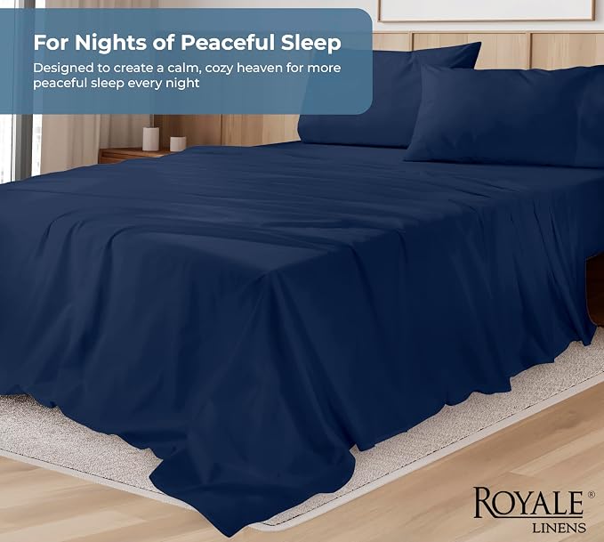 ROYALE LINENS 100% Organic Cotton Queen Sheet Set - Percale Weave - 4 Pieces Set - 1 Flat, 1 Deep Pocket Fitted Sheet and 2 Pillowcases - Navy Bed Sheets - Sábanas Queen - Crisp Cool (Navy)