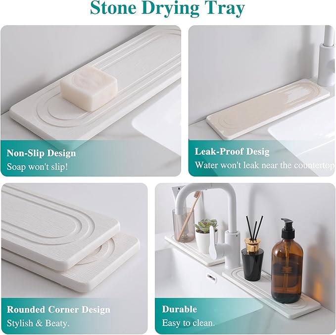 2PCS Water Absorbing Stone Tray for Sink, Quick Drying Diatomite Bathroom Tray Countertop, Stone Drying Mat for Kitchen Counter Faucet, Soap Dish Dispenser Vanity Organizer, White-11.8" x 4"