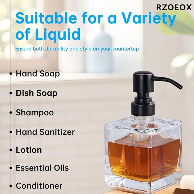 Hand Soap Dispenser Square with Oil Rubbed Bronze Pump, 8.4 oz Liquid Clear Glass Soap Dispenser with Stainless Steel Pump for Dish Soap Bathroom Kitchen Vanity Countertop