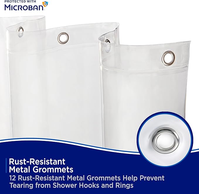 Kenney – Microban PEVA Shower Curtain Liner, Waterproof Medium-Weight Design with Rust-Resistant Metal Grommets & Weighted Magnetic Hem, 70" x 72", Clear
