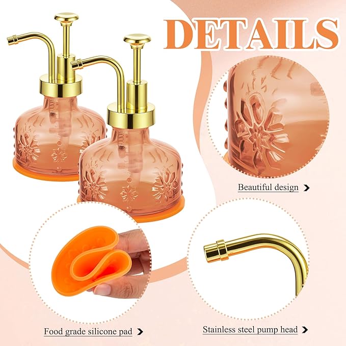 Tioncy 2 Pcs Antique Soap Dispenser Kitchen Bathroom Countertop Glass Soap Pump Dispenser Refillable Rustic Small Liquid Container with Non Slip Silicone Coaster(Orange)