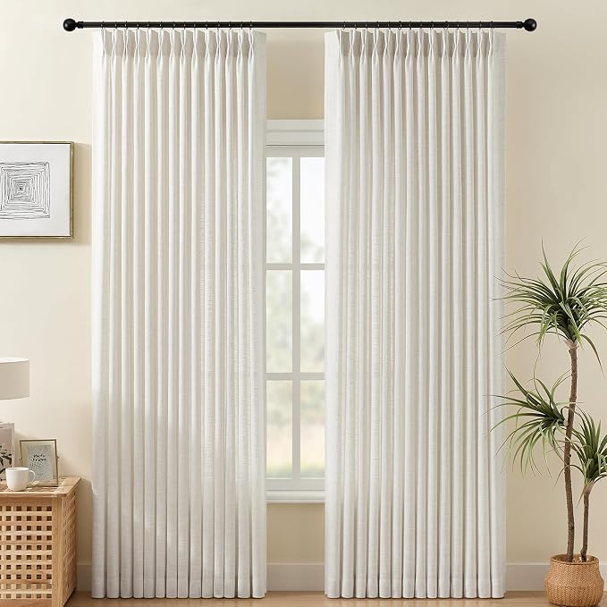 IVAPUPU Pinch Pleated Thick Linen Curtains 90 Inch for Living Room, Light Filtering Semi Sheer Curtains Memory Trained Back Tab Pleat Drapes for Bedroom Dining Room, 40x90, Natural, 2 Panels