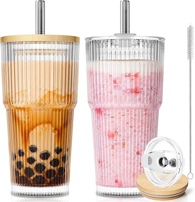 KEMORELA 20oz Ribbed Glass Tumblers with Reusable Stainless Steel Straws, Bamboo & Leak-Proof Dual Lids, Extra-Wide 13mm straw, 2Pc Vintage Drinking Glasses for Boba,Iced Coffee, Smoothies,Travel Cups