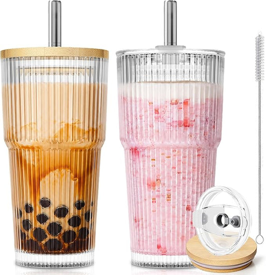 KEMORELA 20oz Ribbed Glass Tumblers with Reusable Stainless Steel Straws, Bamboo & Leak-Proof Dual Lids, Extra-Wide 13mm straw, 2Pc Vintage Drinking Glasses for Boba,Iced Coffee, Smoothies,Travel Cups