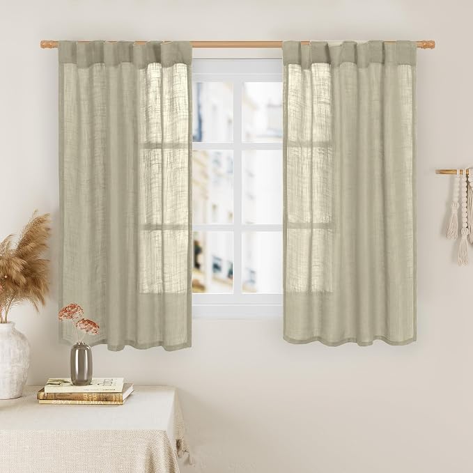 LAMIT Oatmeal Linen Curtains 45 Inch Length 2 Panels, Light Filtering Panels Back Tab and Rod Pocket Country Decor Drapes for Kitchen/Window/Loft Room/Bedroom, 34 x 45 Inch