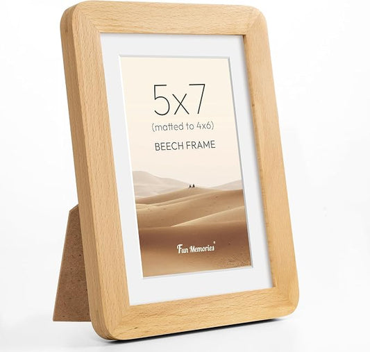 Fun Memories 5x7 Picture Frame - Solid Beech Wood Frame, 5x7 Photo Frame with Mat for 4x6, 5 By 7 Picture Frame with Tempered Glass & Rounded Corners, Tabletop and Wall Display, Natural Beech