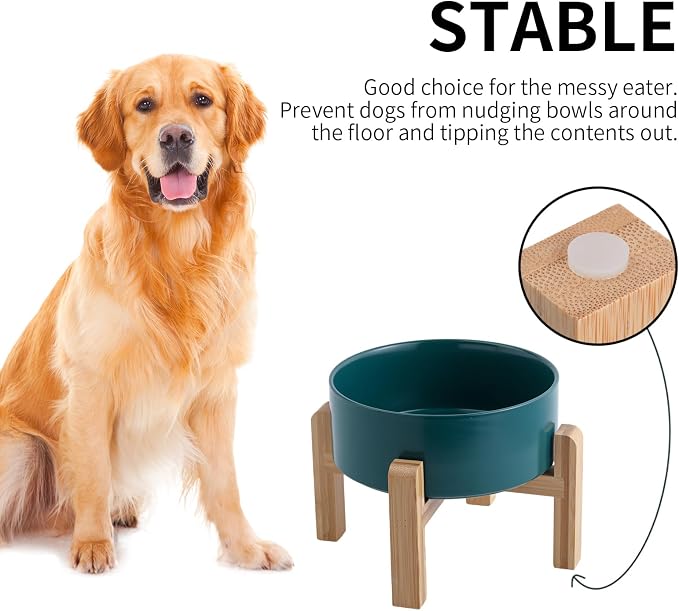 Green Raised/Elevated Ceramic Dog Bowl for Medium Large Sized Breeds,Large Dog Food Water Bowl with Stand,8 in Non Slip Heavy Weighted 1800ml/ 7.6 Cups/60 OZ