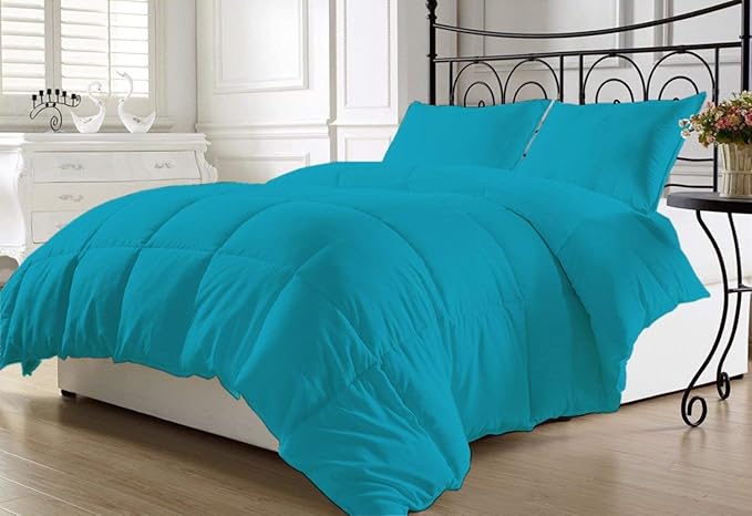 Luxurious and Hypoallergenic 600 Thread Count 1 Piece Down Alternative Comforter 100% Egyptian Cotton Solid (Full/Queen, Turquoise Blue)