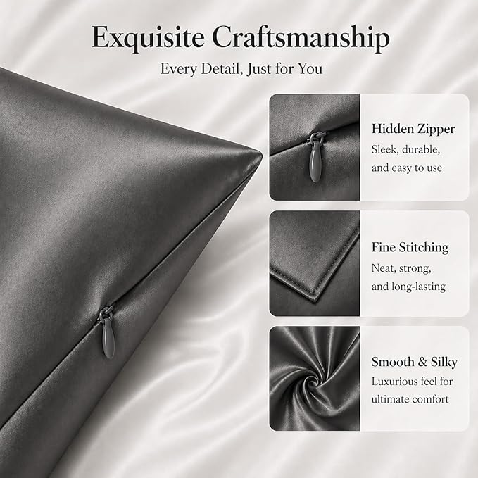 100% Mulberry Silk Pillowcase for Sleeping Women, 22 Momme Silk Pillow Cases for Hair and Face, Zipper Closure, Hypoallergenic Pillow Cases USA Made, 1 Pcs 20"x30" (Queen, Slate Grey)