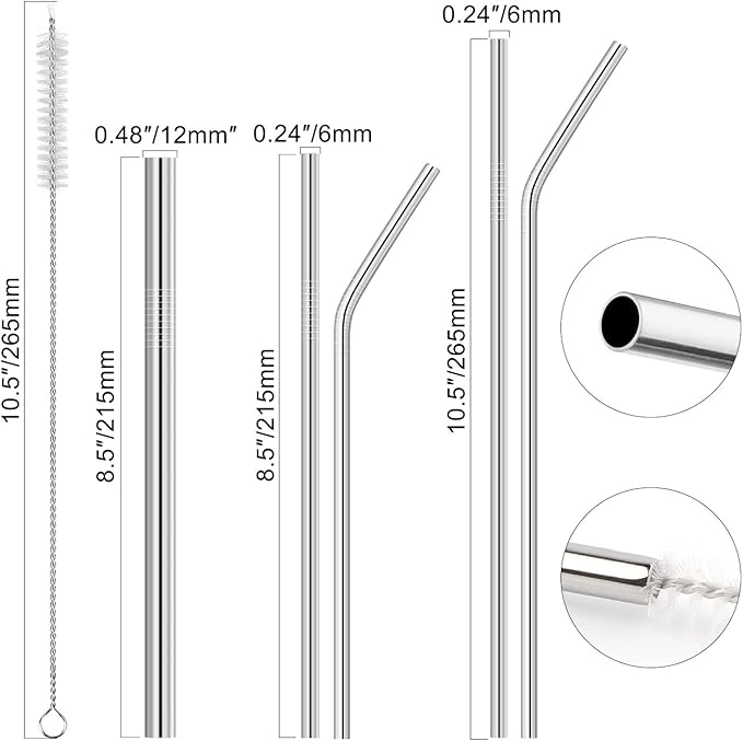 Hypermotion Stainless Steel Straw, Food Grade Reusable Metal Drinking Straw Set with 2 Cleaning Brushes and Carry Pouch for Smoothie, Milkshake, Cocktail and Hot Drinks