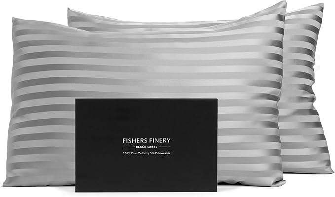 Fishers Finery 30mm 100% Pure Mulberry Silk Pillowcase Set, Quality Tested (Gray Stripe, King, 2 Pack)