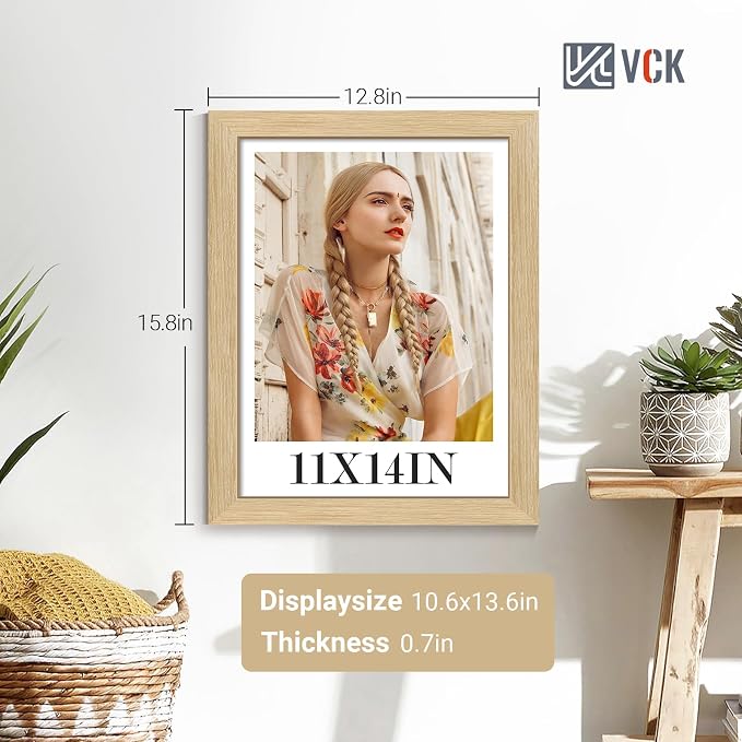 VCK 11x14 Picture Frame Set of 4 - Oak, Gallery-Quality Wood Poster Frames, 1.1-Inch Wide Border, Polished Plexiglass, Vertical or Horizontal Wall Display for Photo/Art/Prints, Natural Oak
